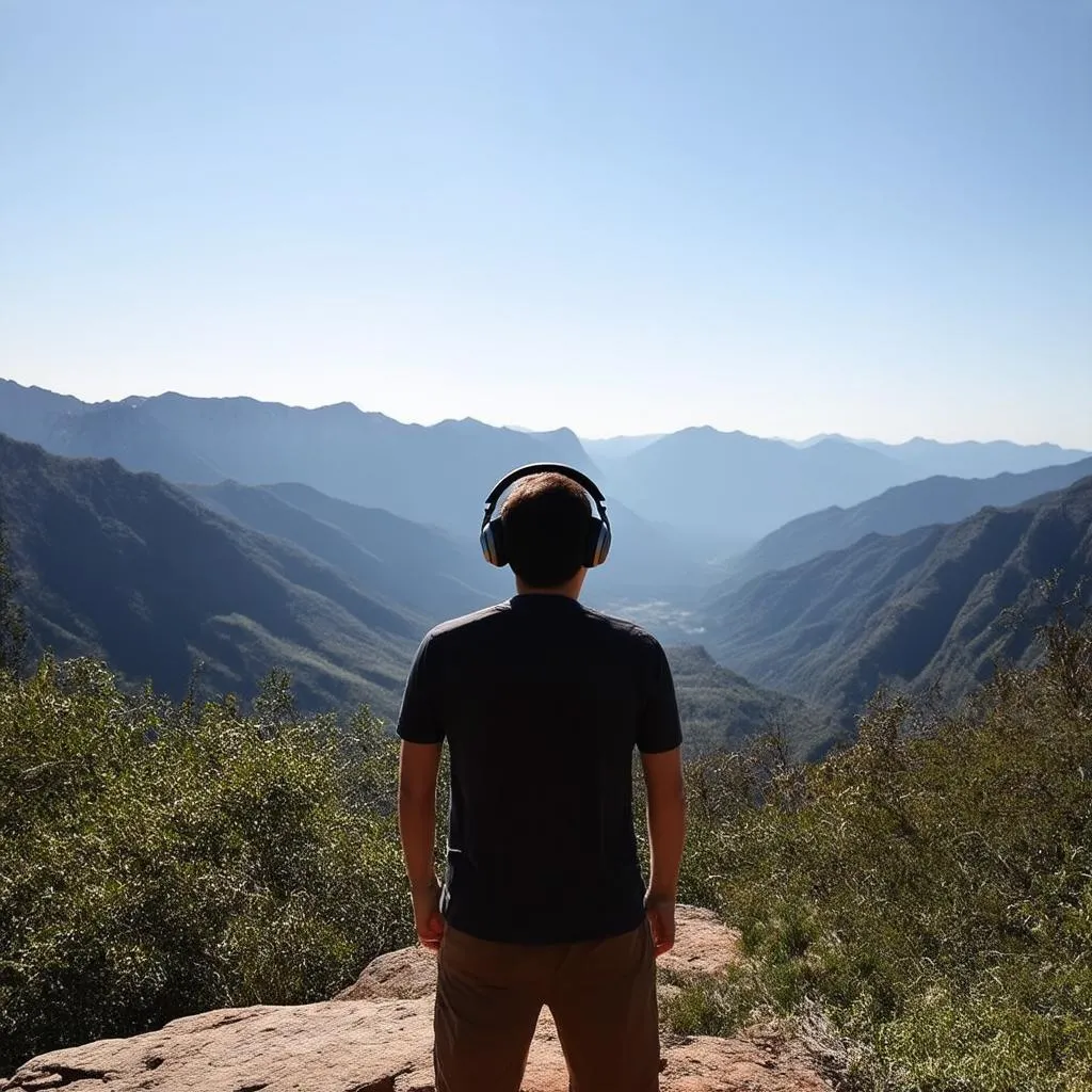 Person wearing headphones, looking out at a mountain range