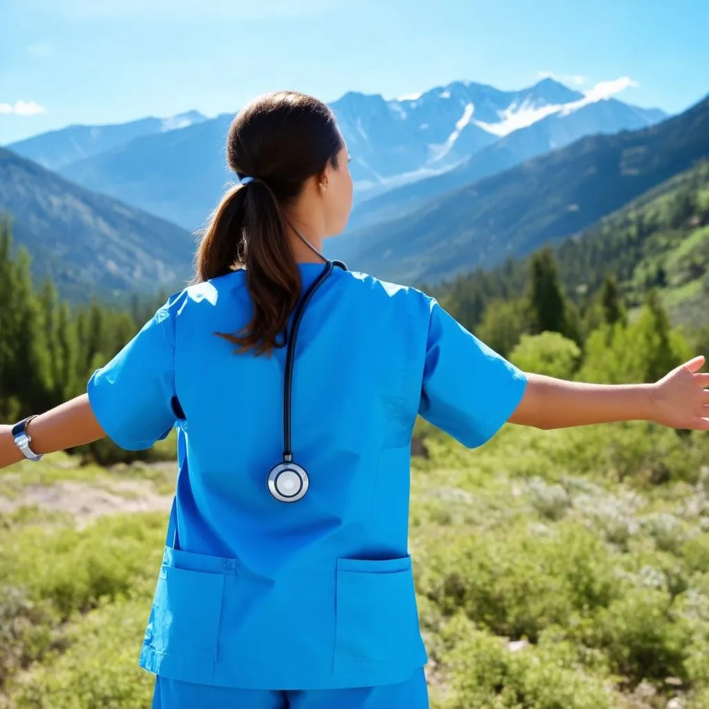 nurse looking at mountain view