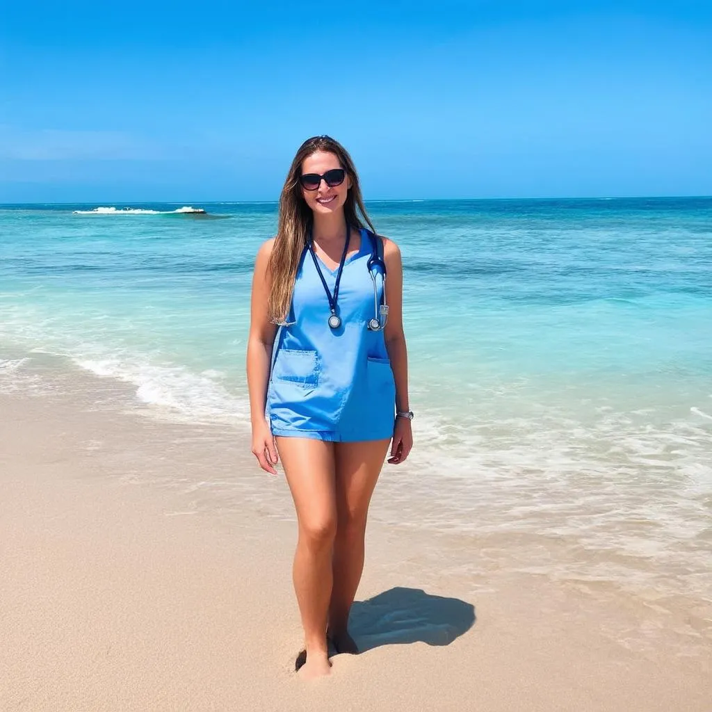 A travel nurse in scrubs is standing on a beach at sunset, looking out at the ocean