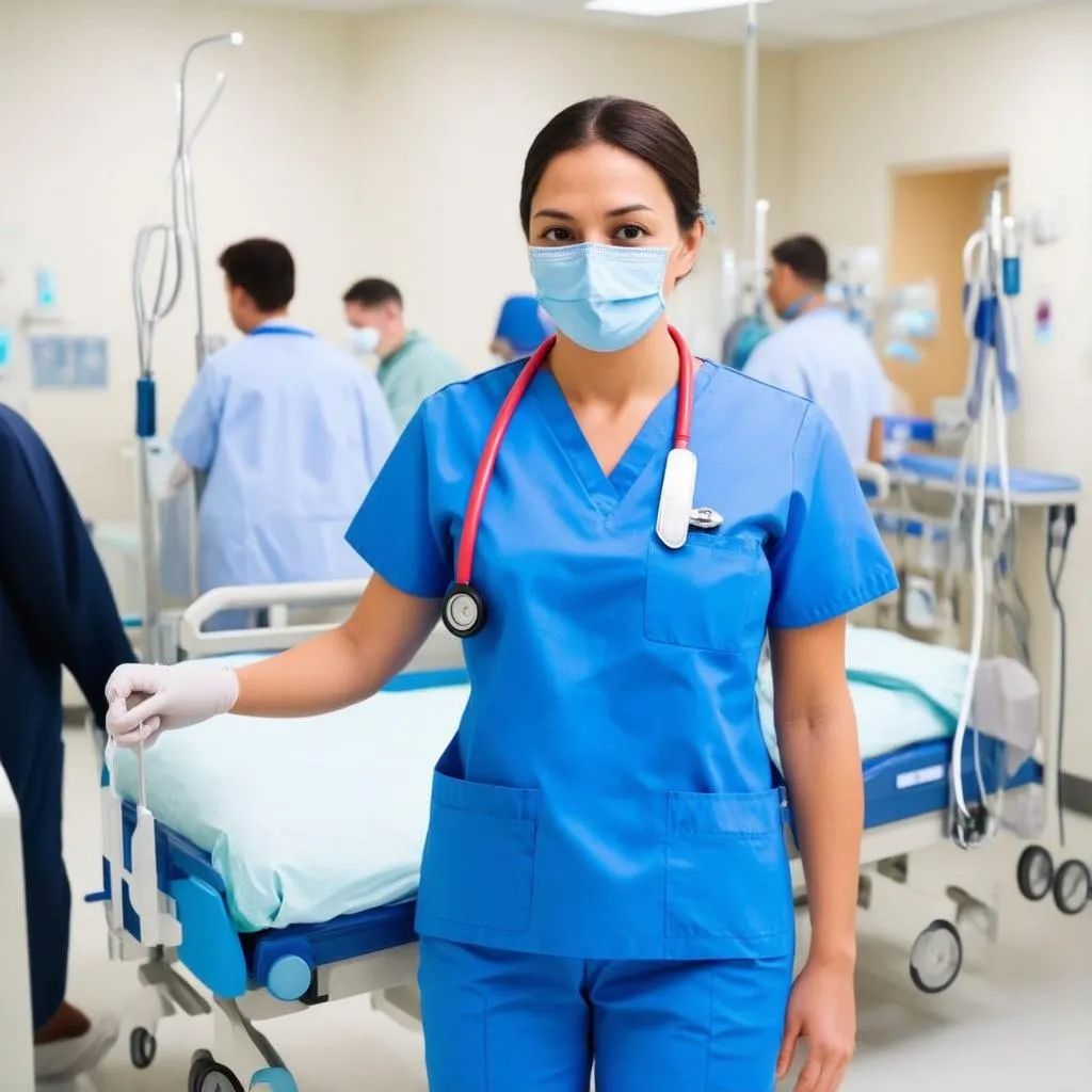 A travel nurse wearing scrubs is checking a patient's chart at a hospital reception desk