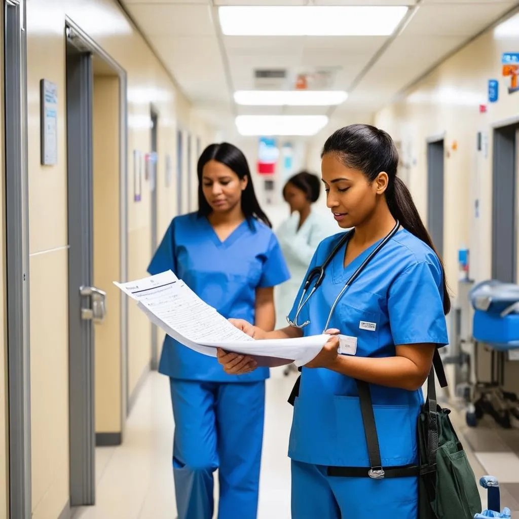 travel nurse in a bustling hospital setting