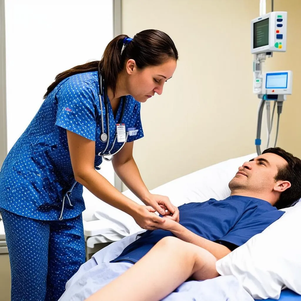 A dedicated travel nurse cares for a patient in a modern hospital room