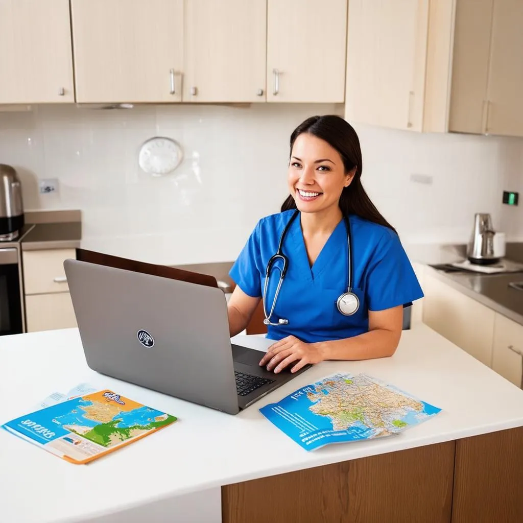 travel nurse working on laptop