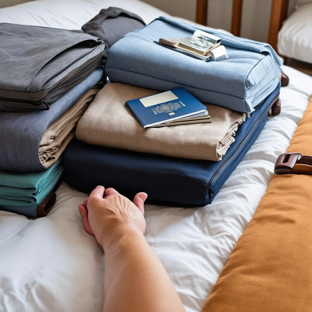 A traveler neatly arranges their suitcase on a bed, with clothes folded using the KonMari method, travel-sized toiletries, and a passport placed on top.