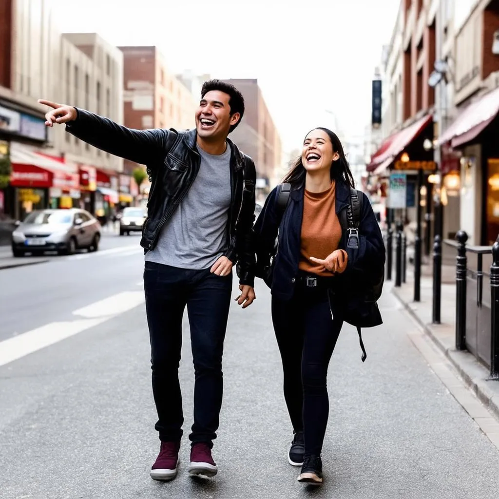 Friends laughing together while exploring a new city