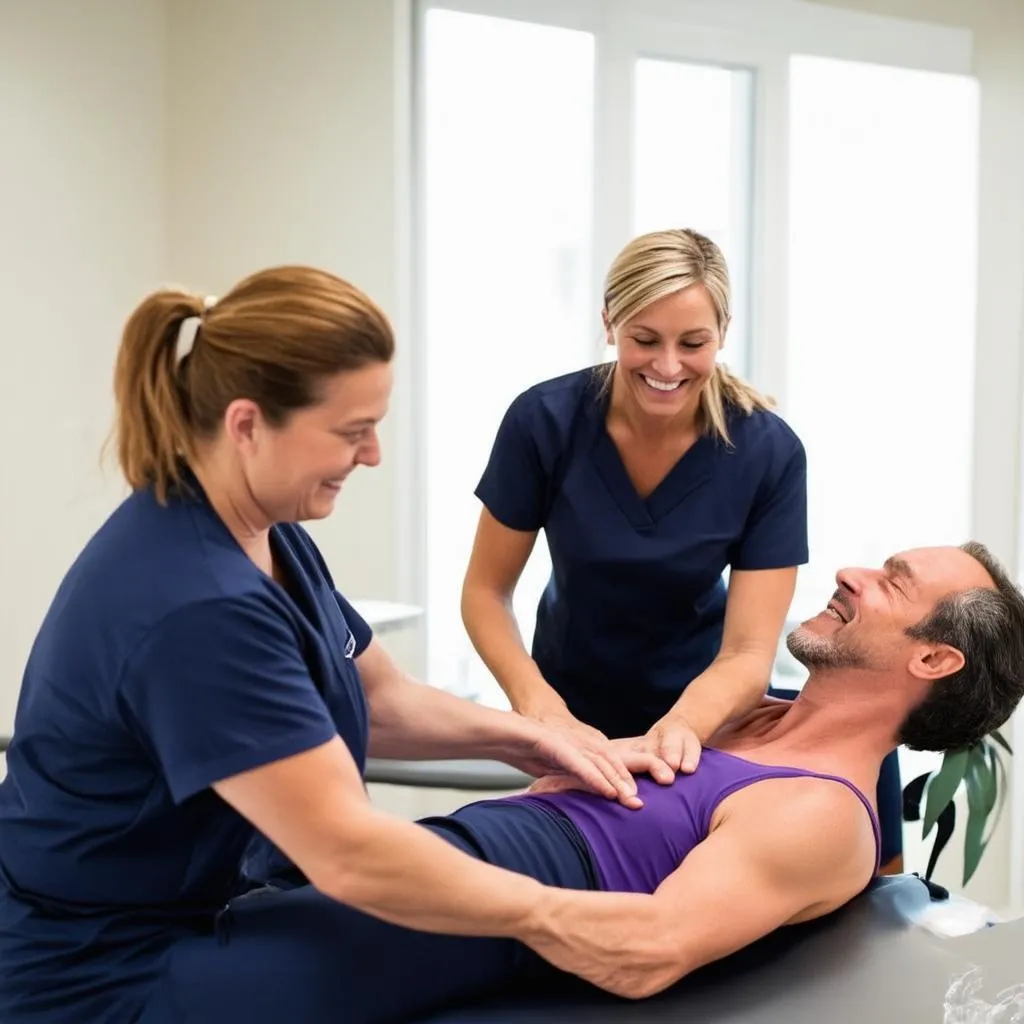 Physical therapist assisting patient