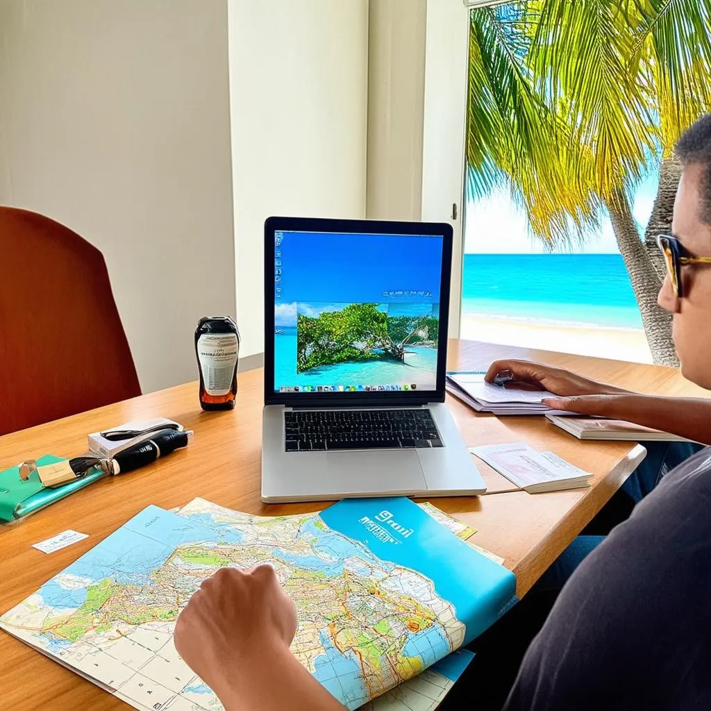 A travel planner working on a laptop, surrounded by maps, guidebooks, and travel accessories