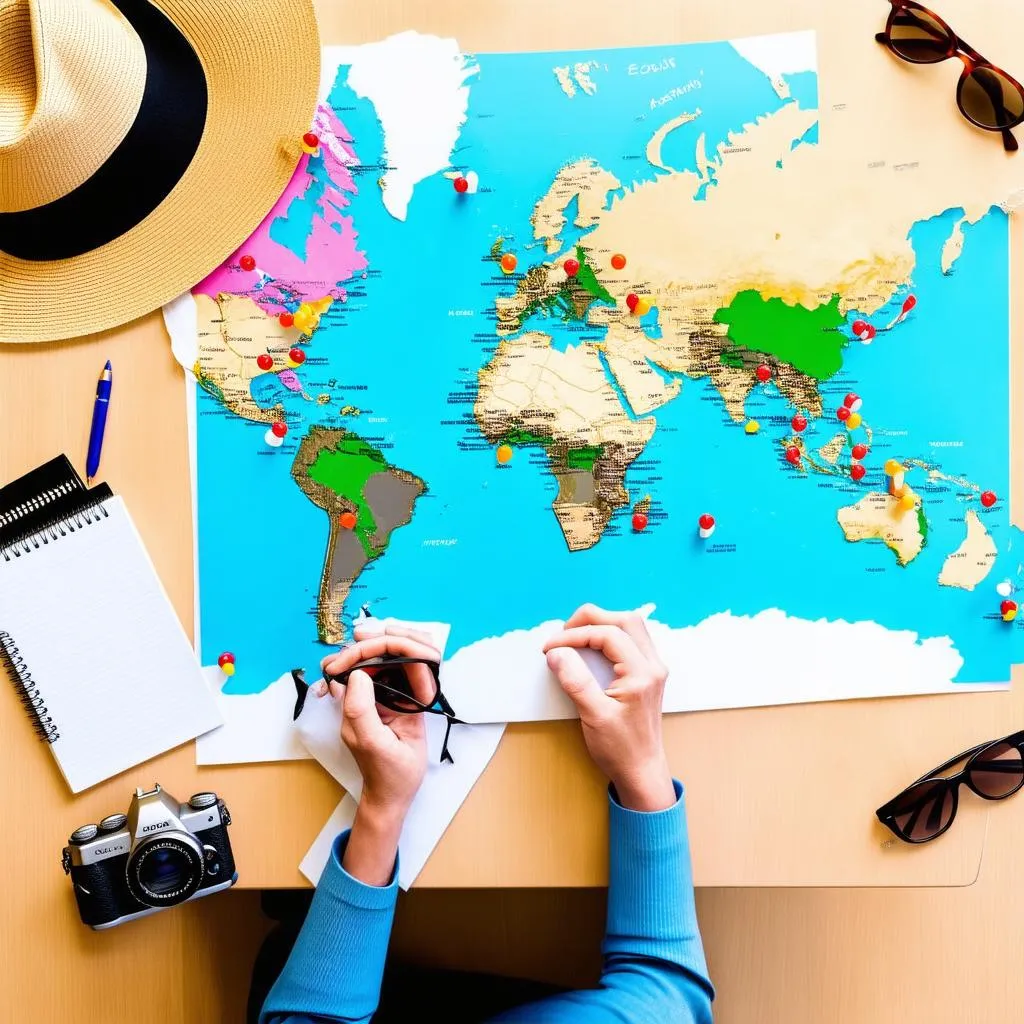 Planning a trip with a world map and travel essentials.