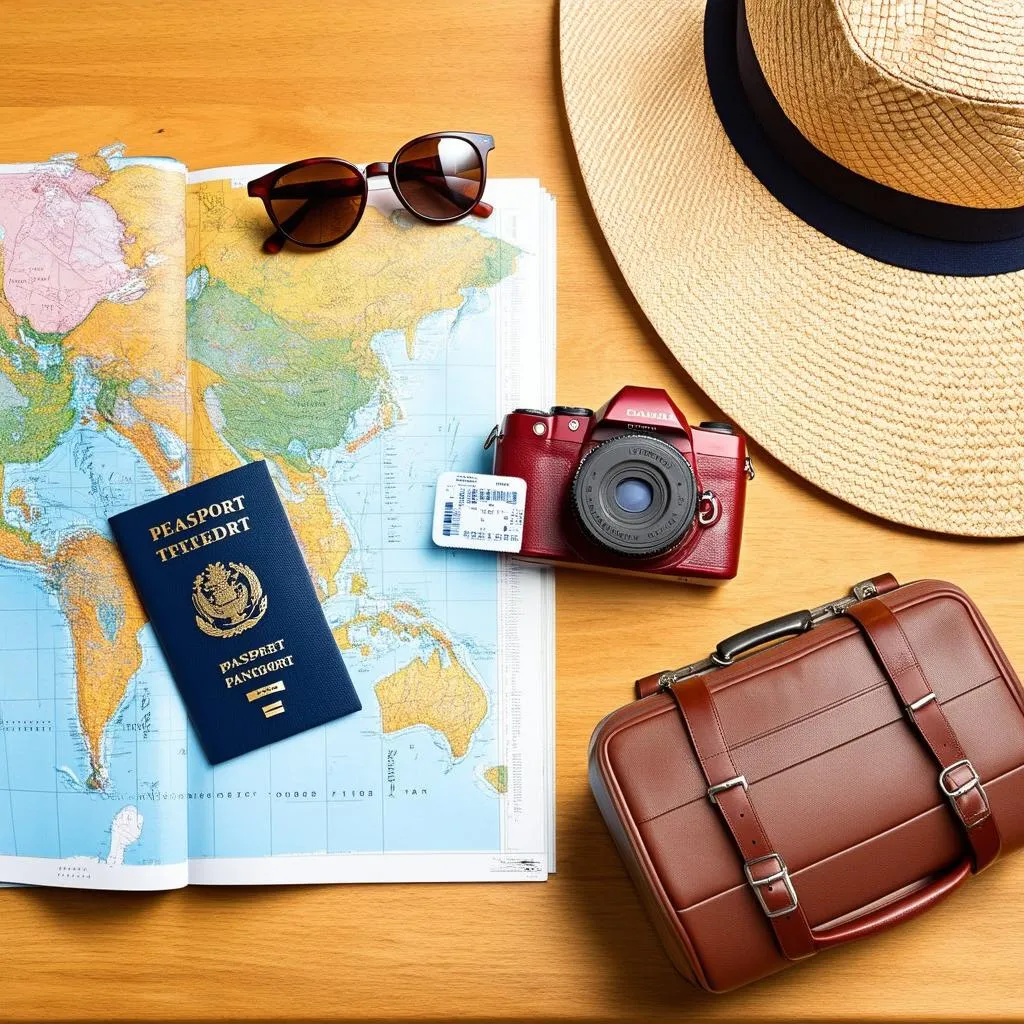 travel planning on a table with map, camera, passport, and luggage