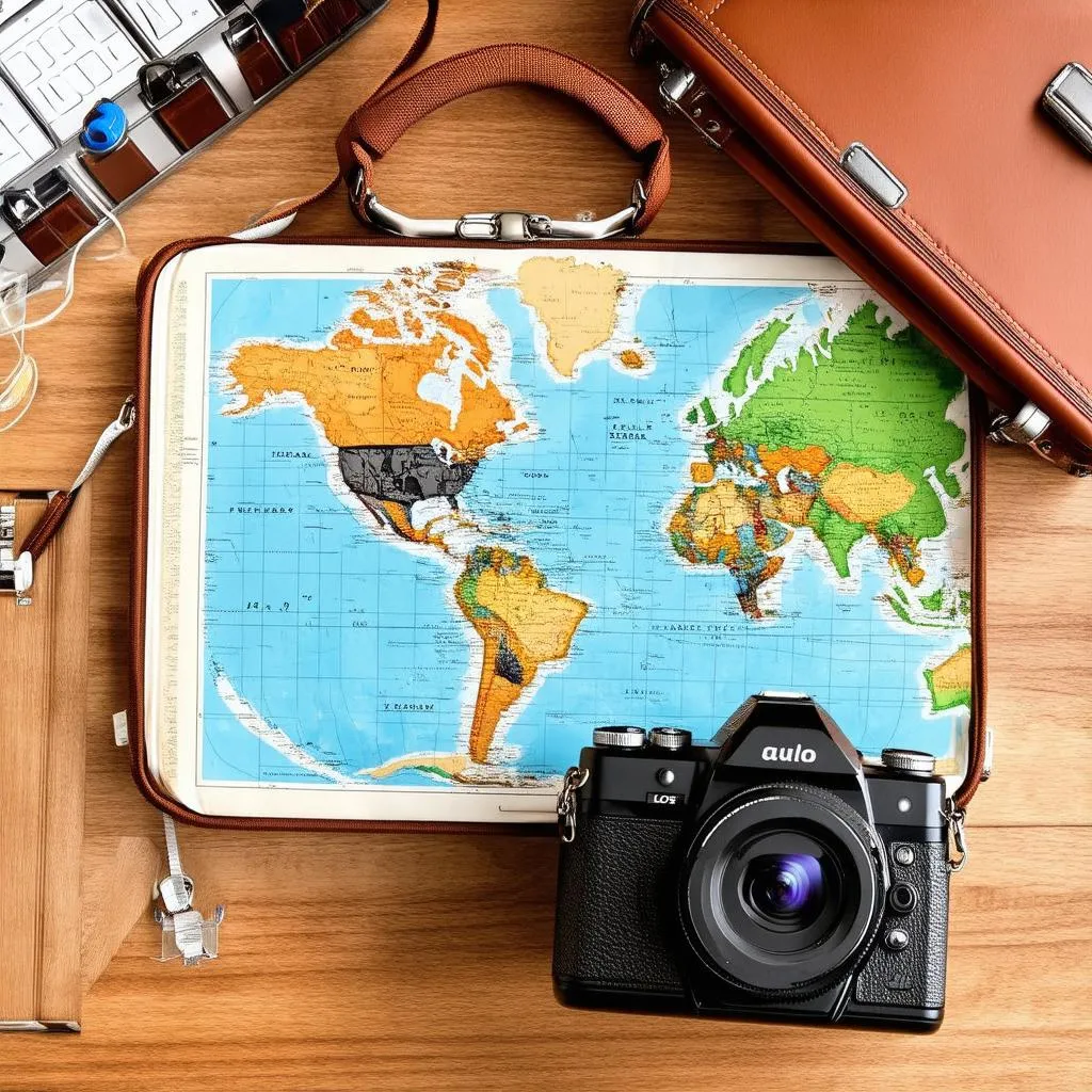 Travel planning with map, luggage and camera