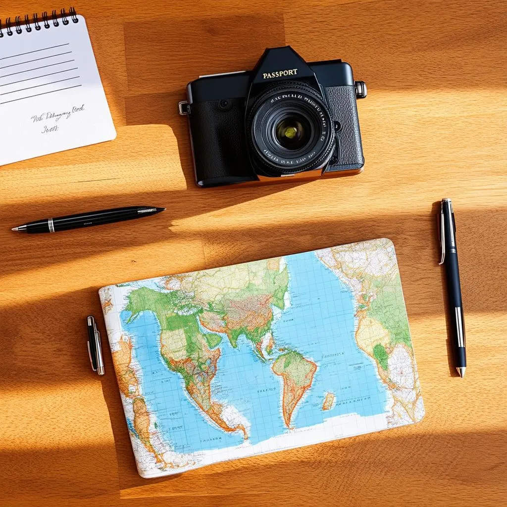 Planning a trip with a map, passport, camera and notebook