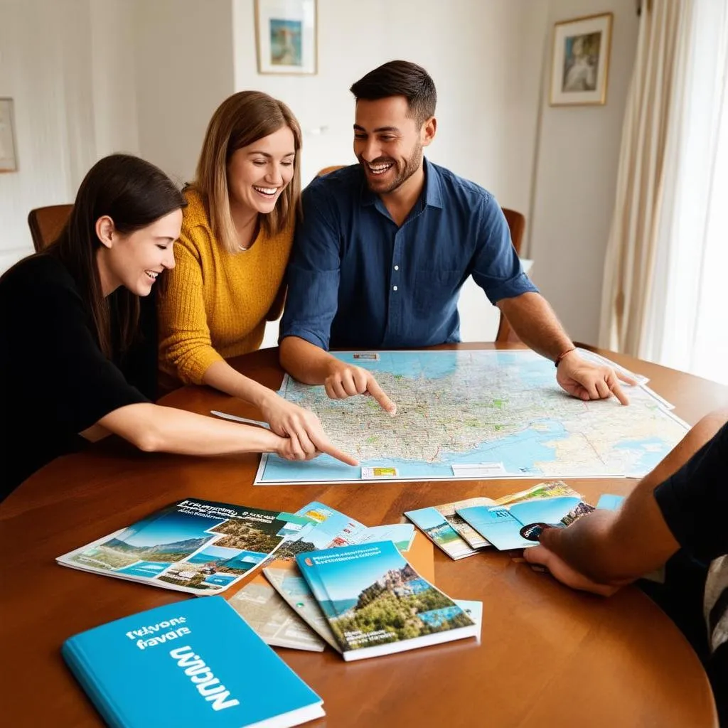 Couple planning their next trip using a map