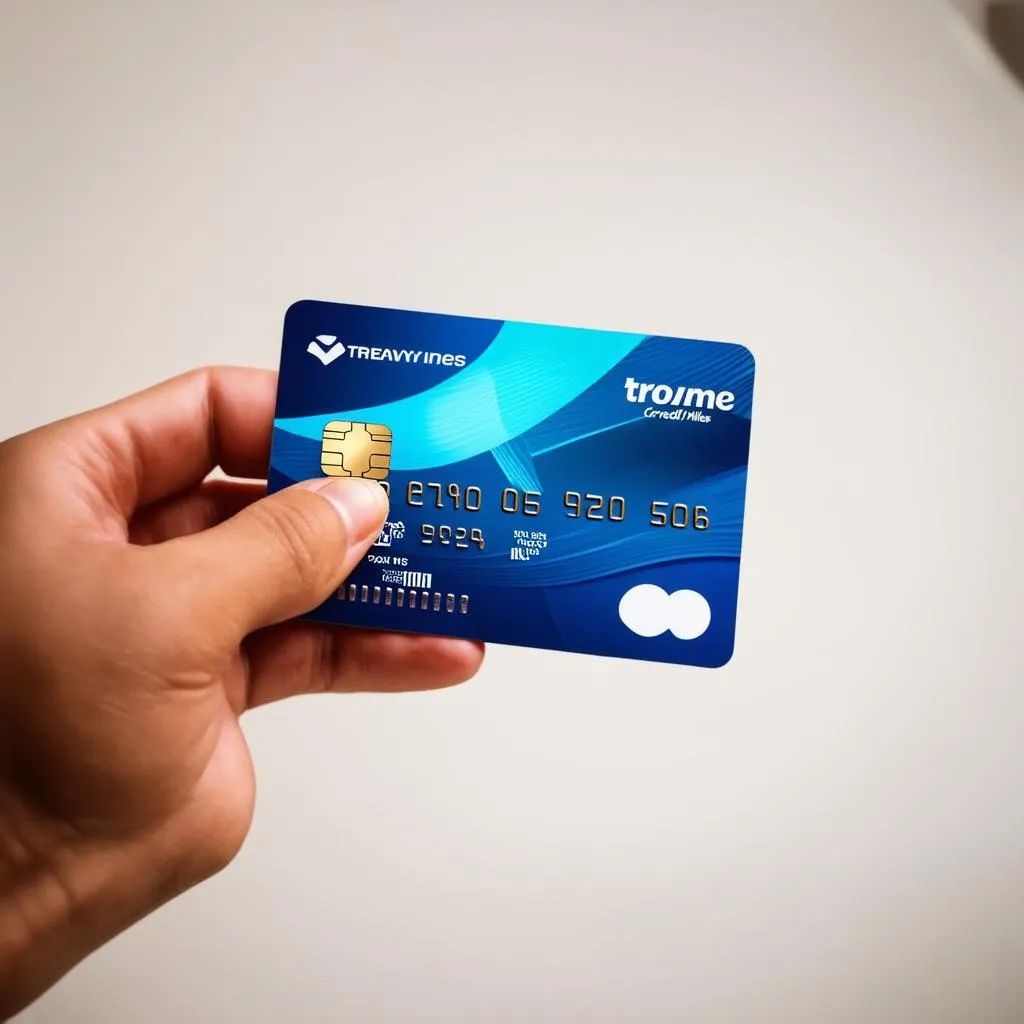 A hand holding a travel rewards credit card 