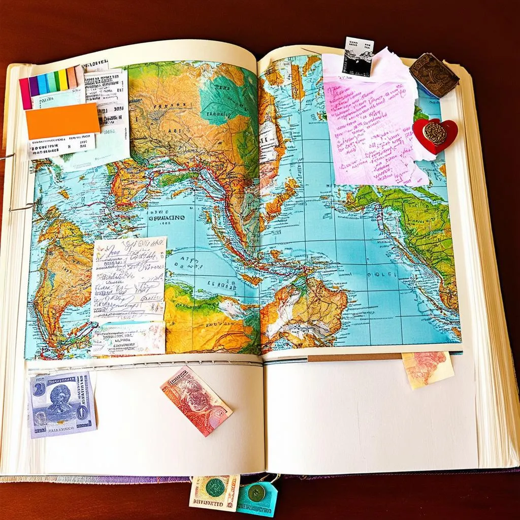 Open travel scrapbook with photos and mementos