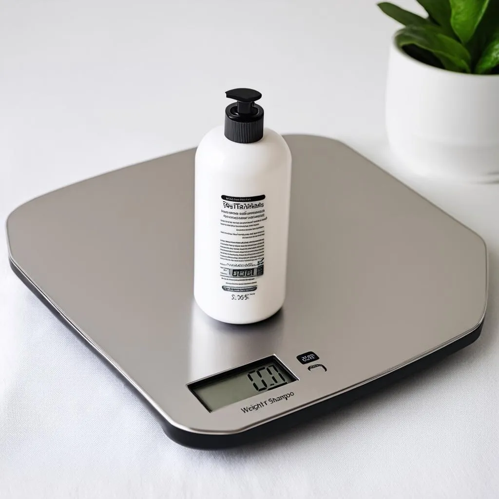 travel shampoo on a digital scale