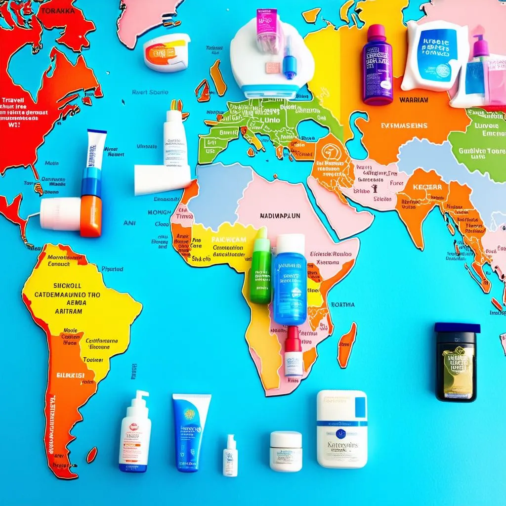 travel sized toiletries on a world map