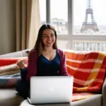 Woman having a therapy session on her laptop while traveling