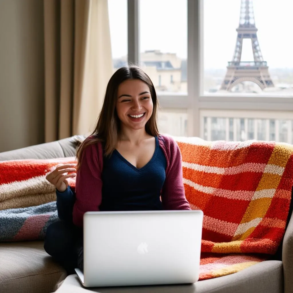 Woman having a therapy session on her laptop while traveling