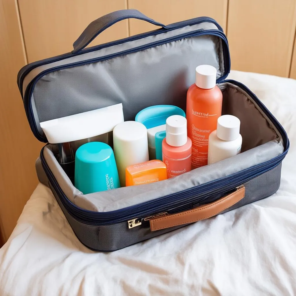 Travel Toiletry Kit on Suitcase