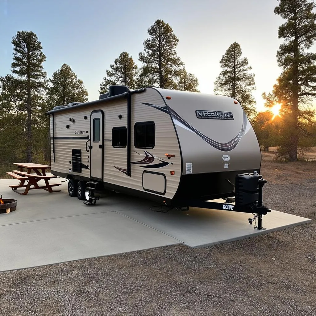 travel trailer parked at a scenic campsite