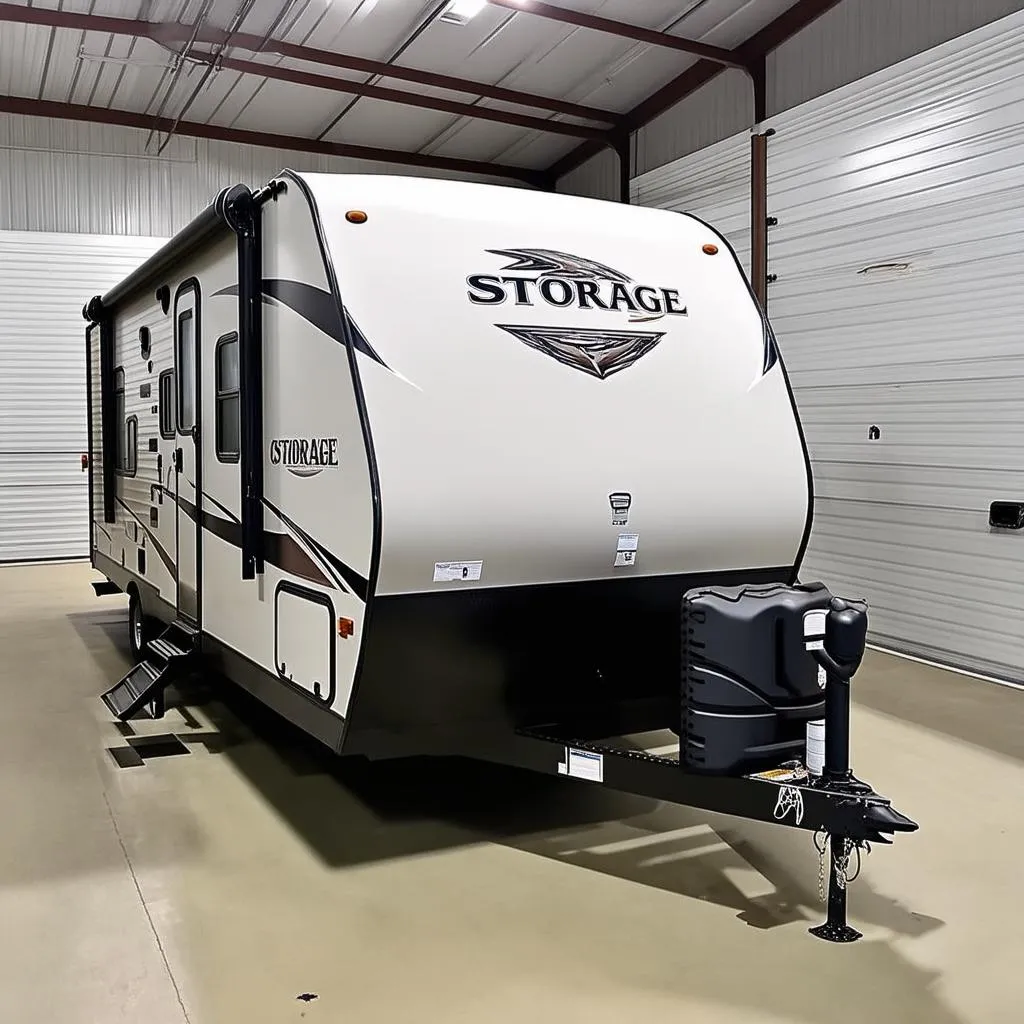 Travel trailer in covered storage