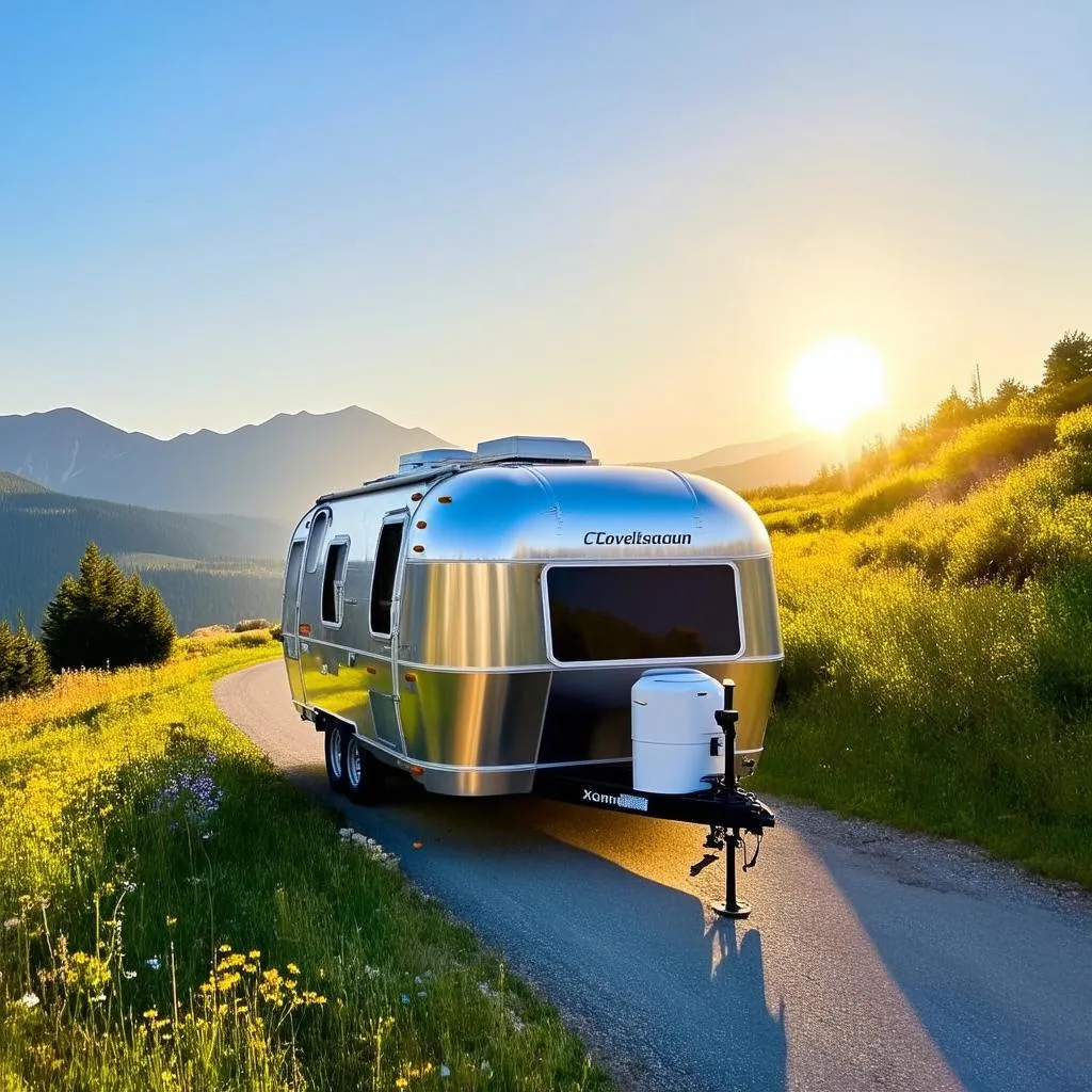 Travel trailer parked on a mountain road with scenic views.