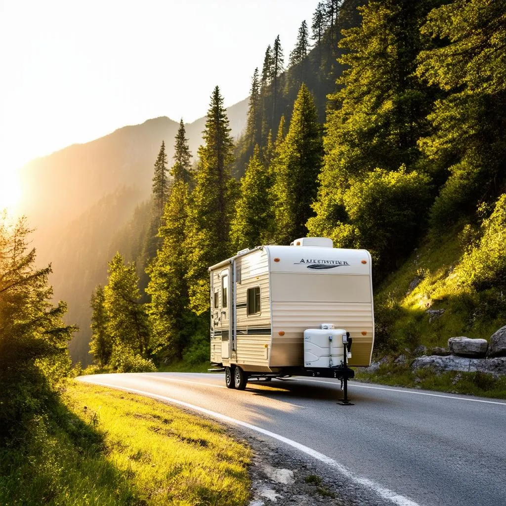 Travel trailer on mountain road