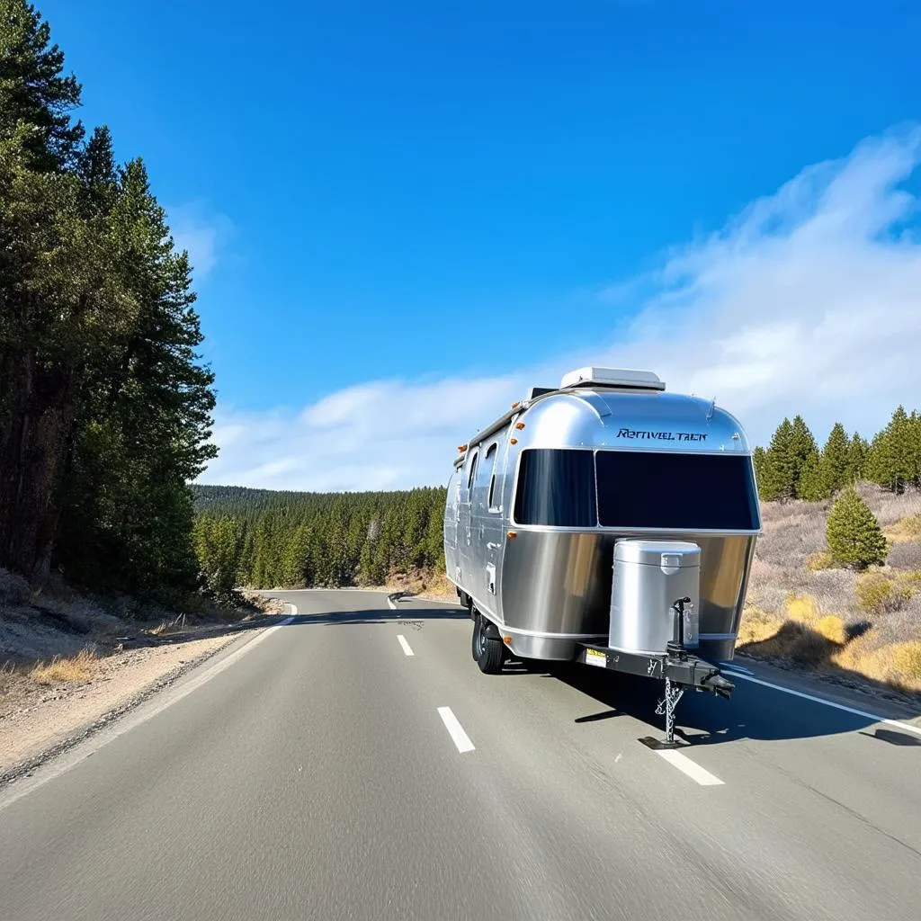 Travel trailer being towed down a scenic highway