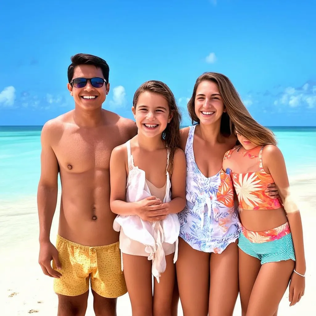 Family using a travel voucher for a vacation