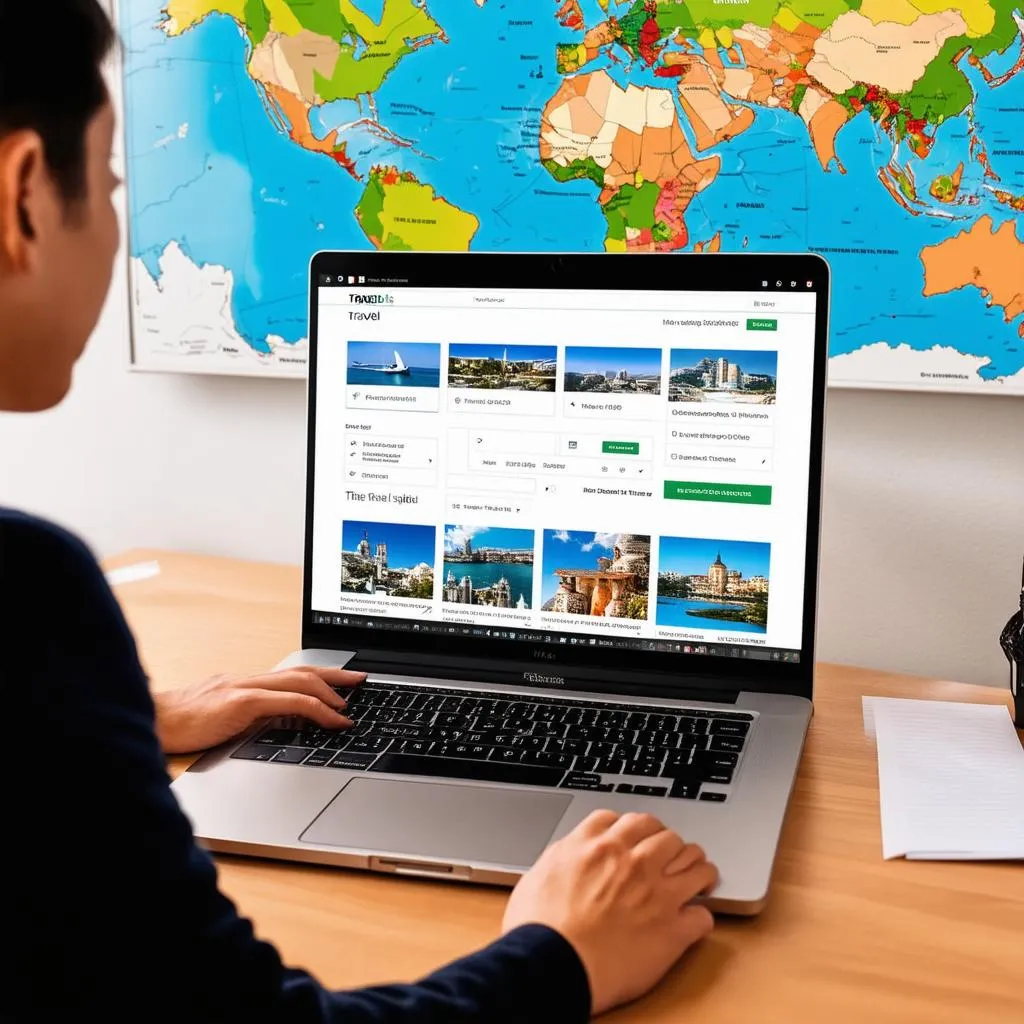 A person browsing a travel website on their laptop with a world map in the background.