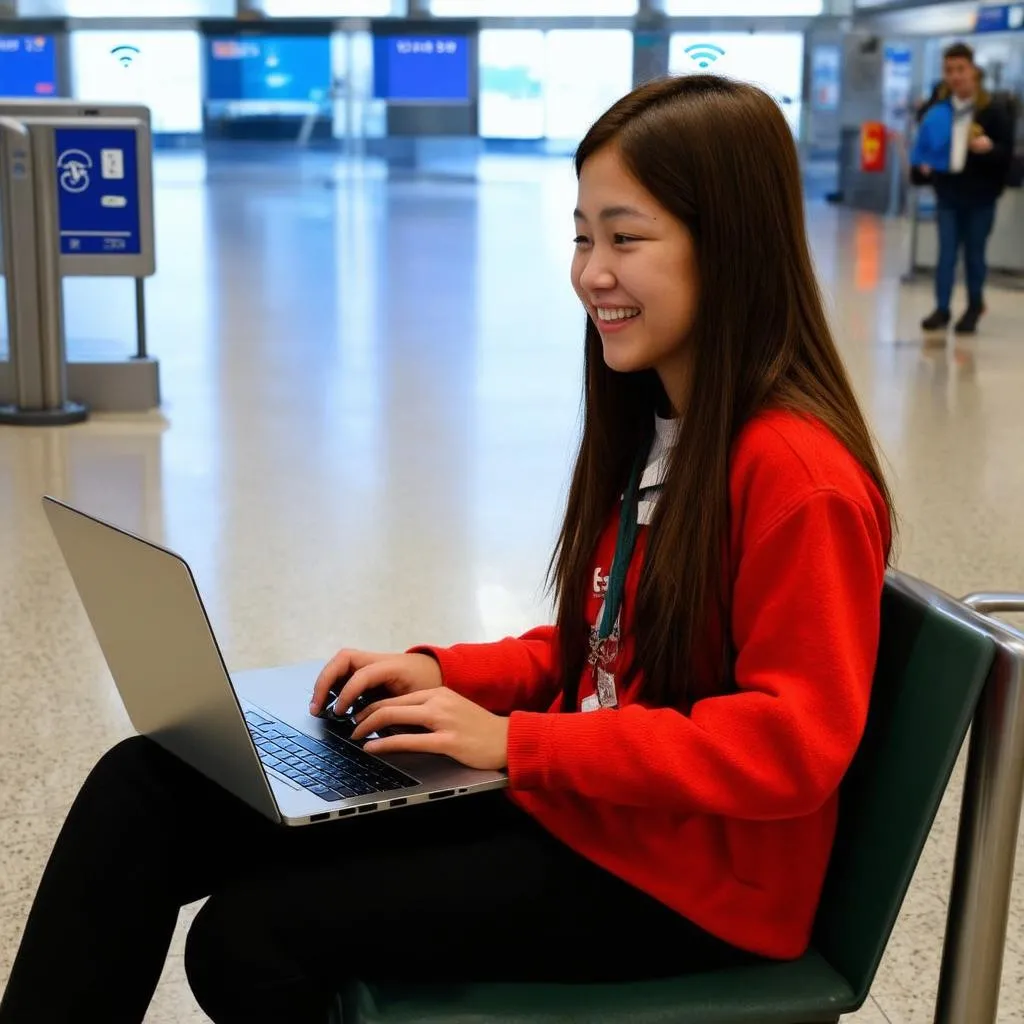 Woman using a travel WiFi hotspot at an airport