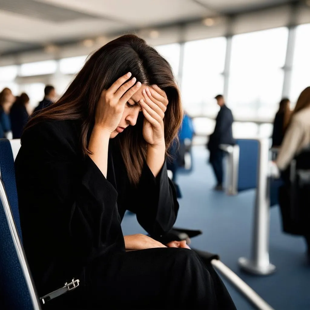 Woman holding her head, looking concerned, sitting in an airport