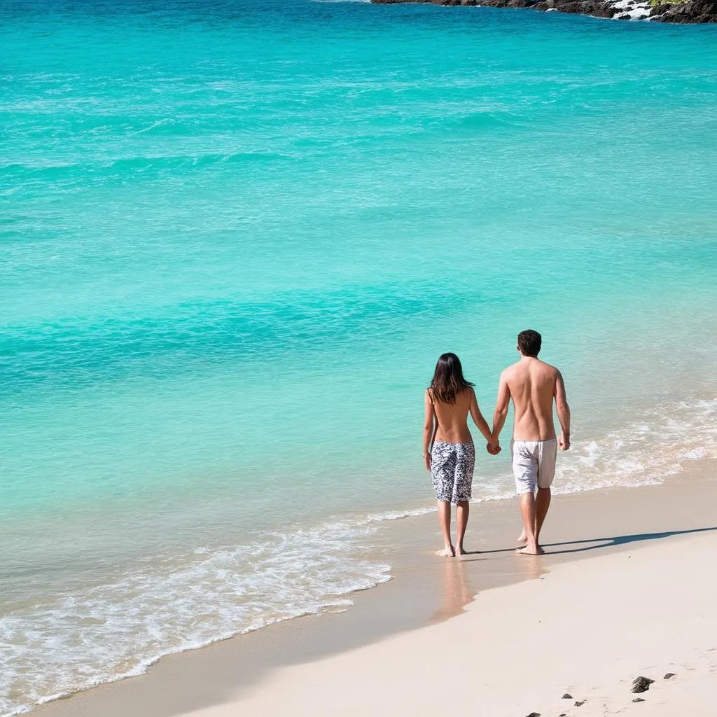 A serene beach with calm, blue water and a couple walking hand-in-hand on the shore. 