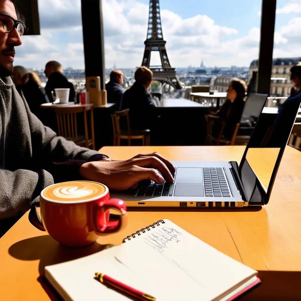 travel writer working in a cafe