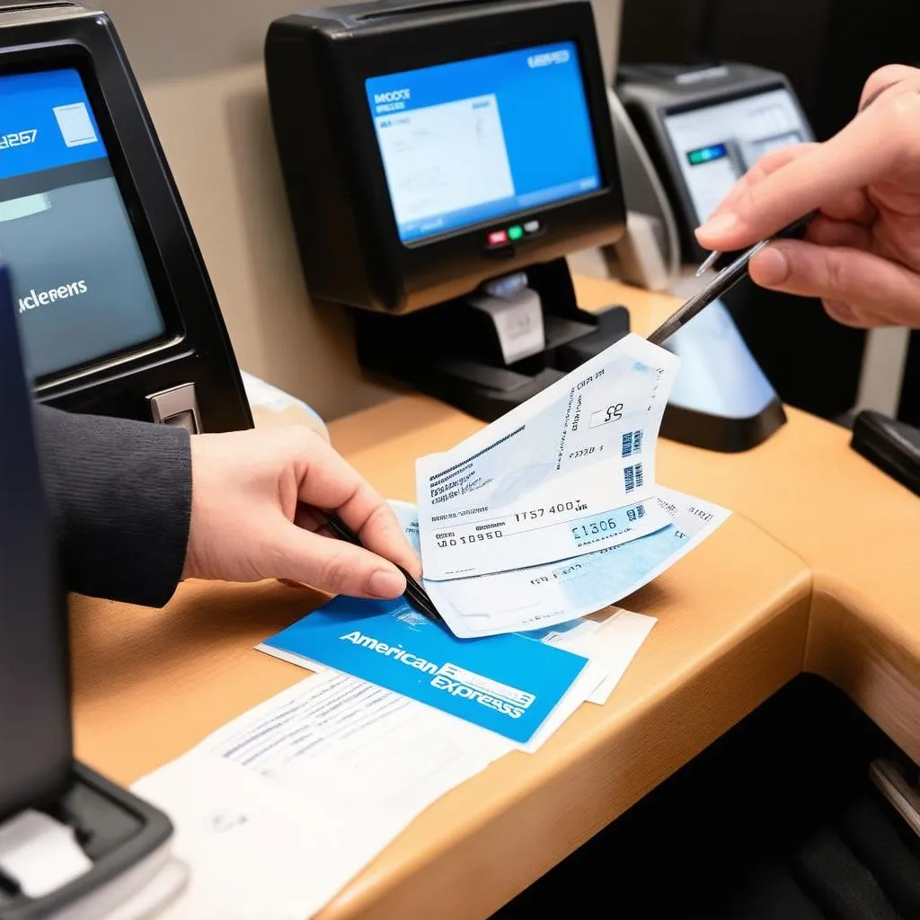 traveler buying checks at bank