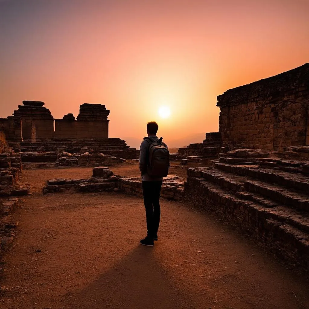 traveler contemplating ancient ruins