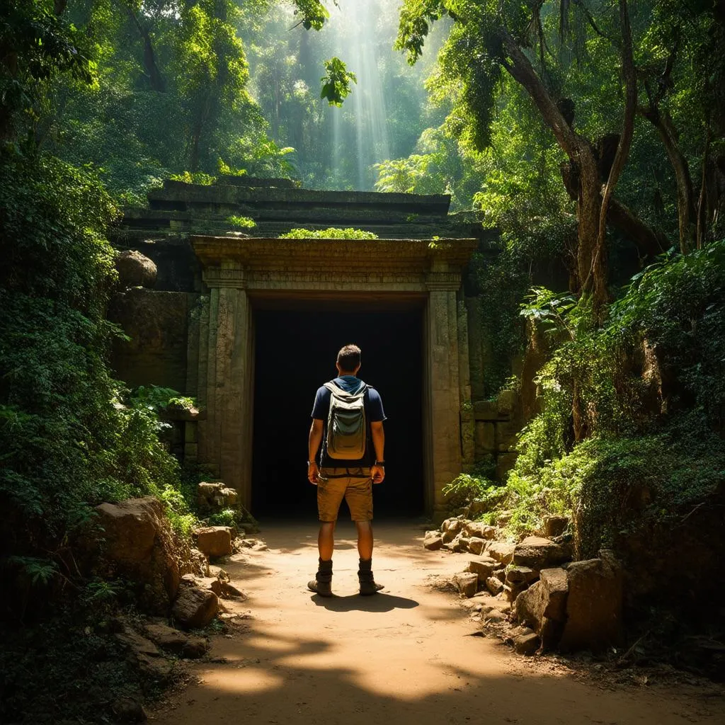 A traveler standing at the entrance of a hidden temple in a lush jungle, sunlight streaming through the trees.