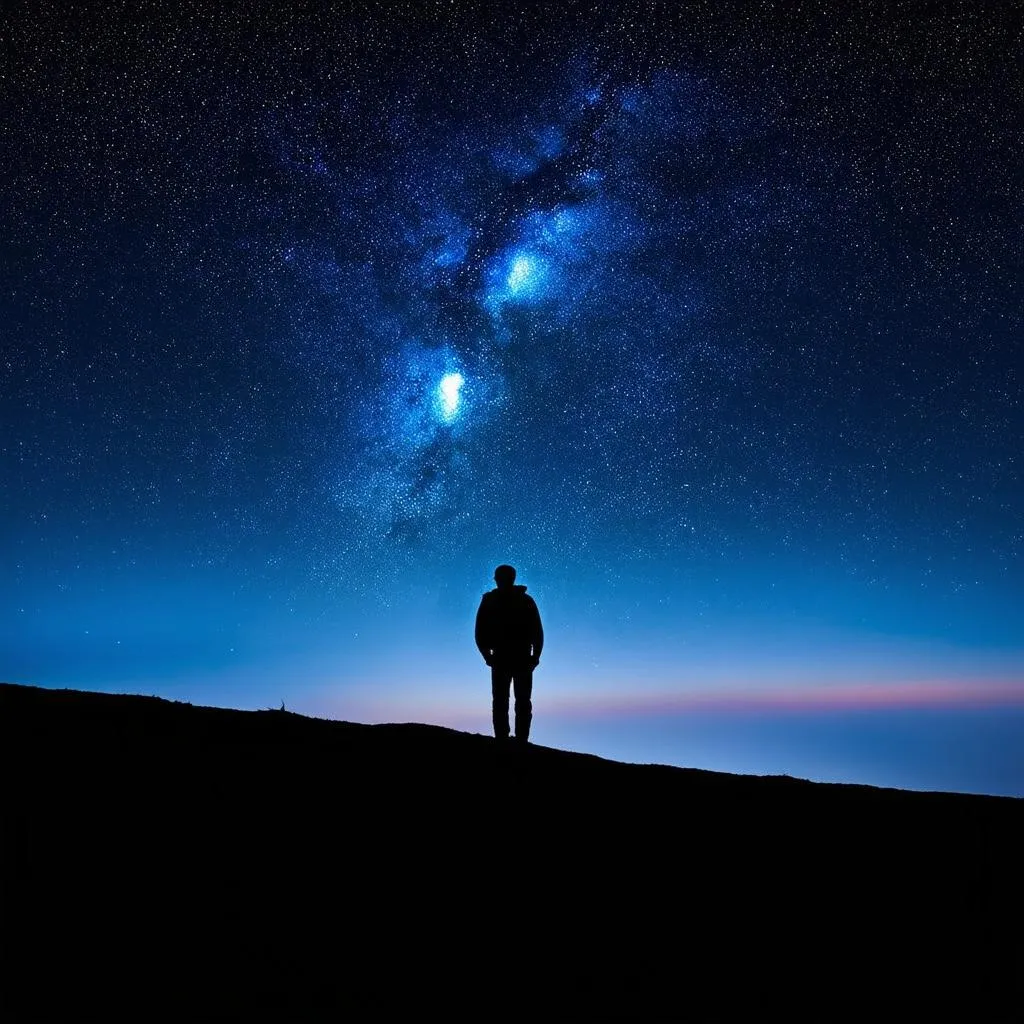 traveler looking up at a starry night sky