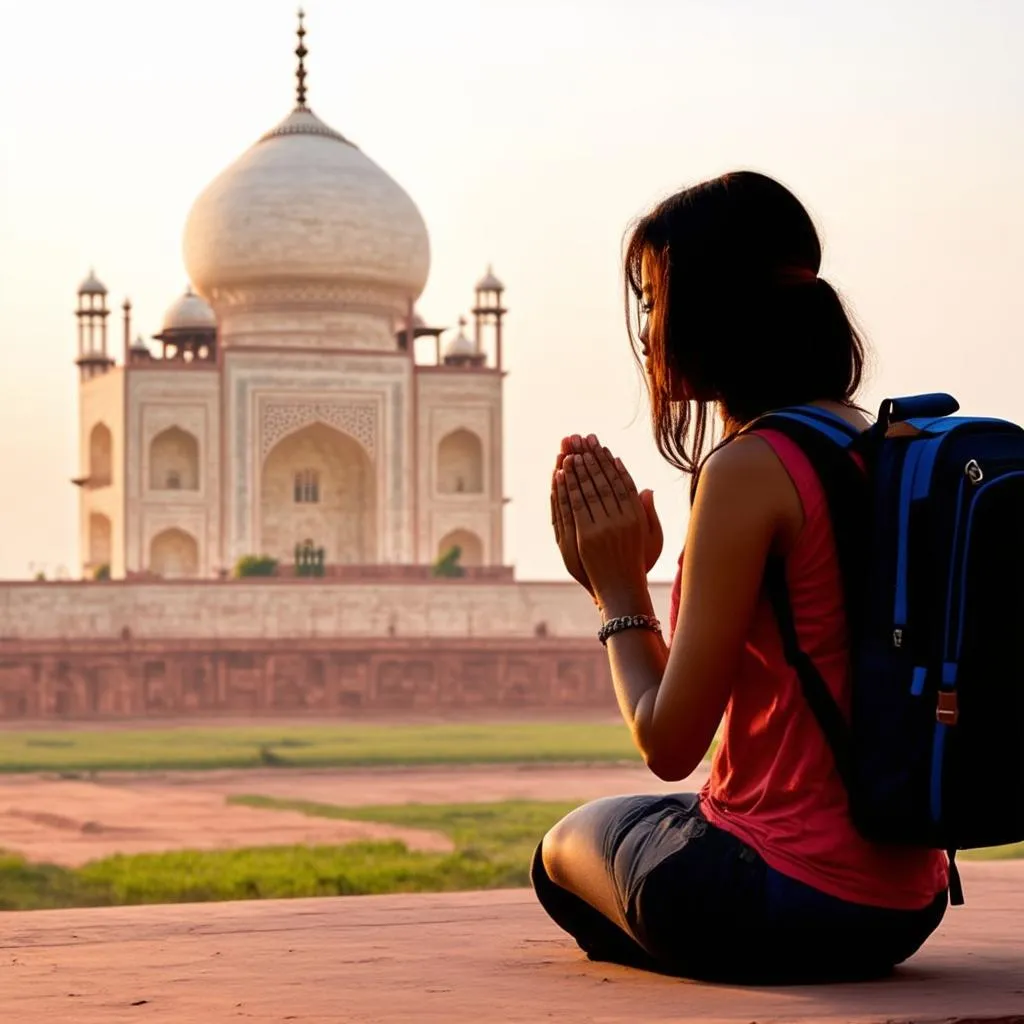 Woman praying at Taj Mahal