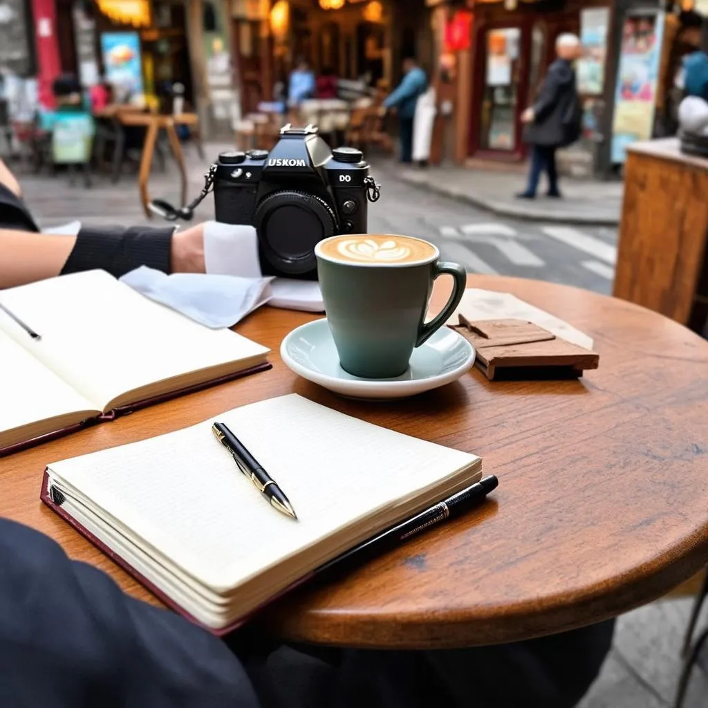 A traveler journaling at a cafe