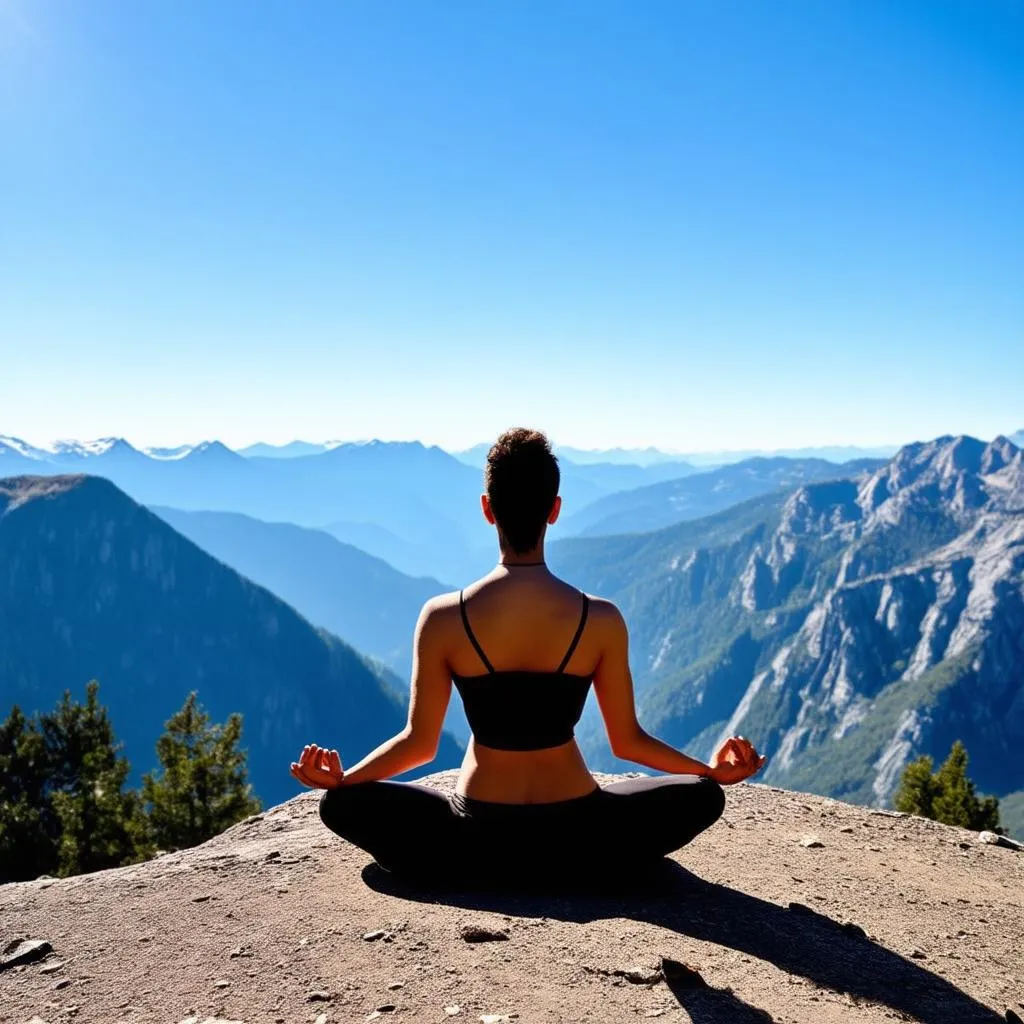 Traveler meditating on a mountaintop