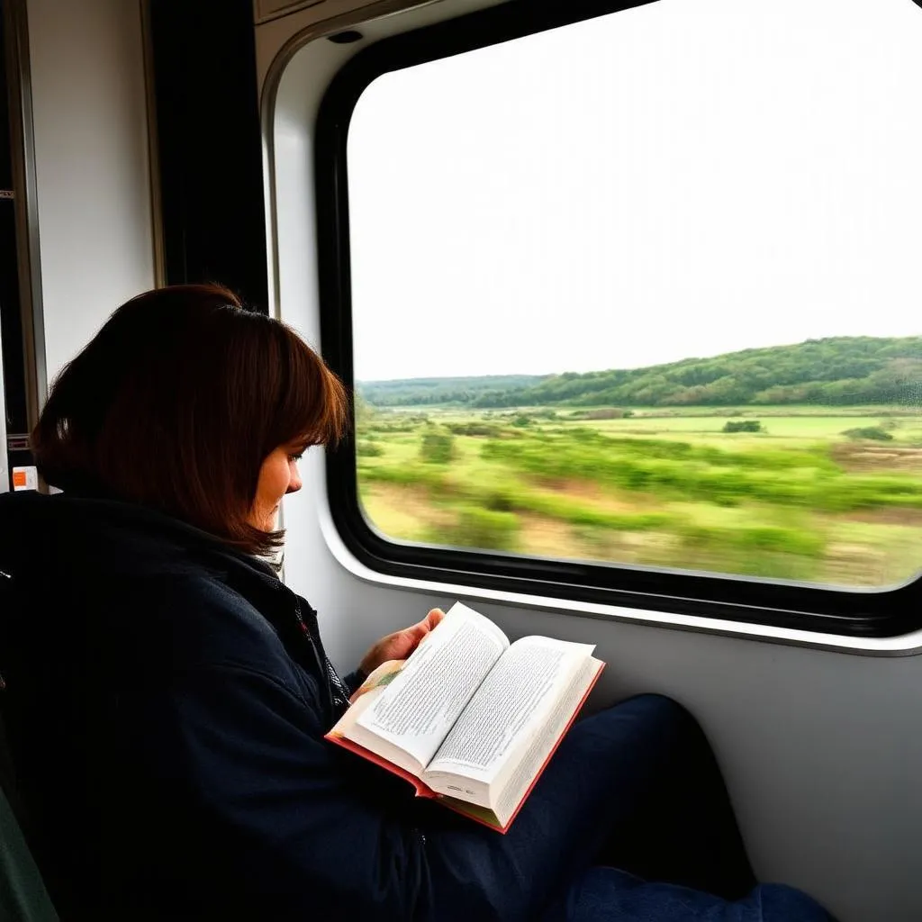 A traveler reading on a bus