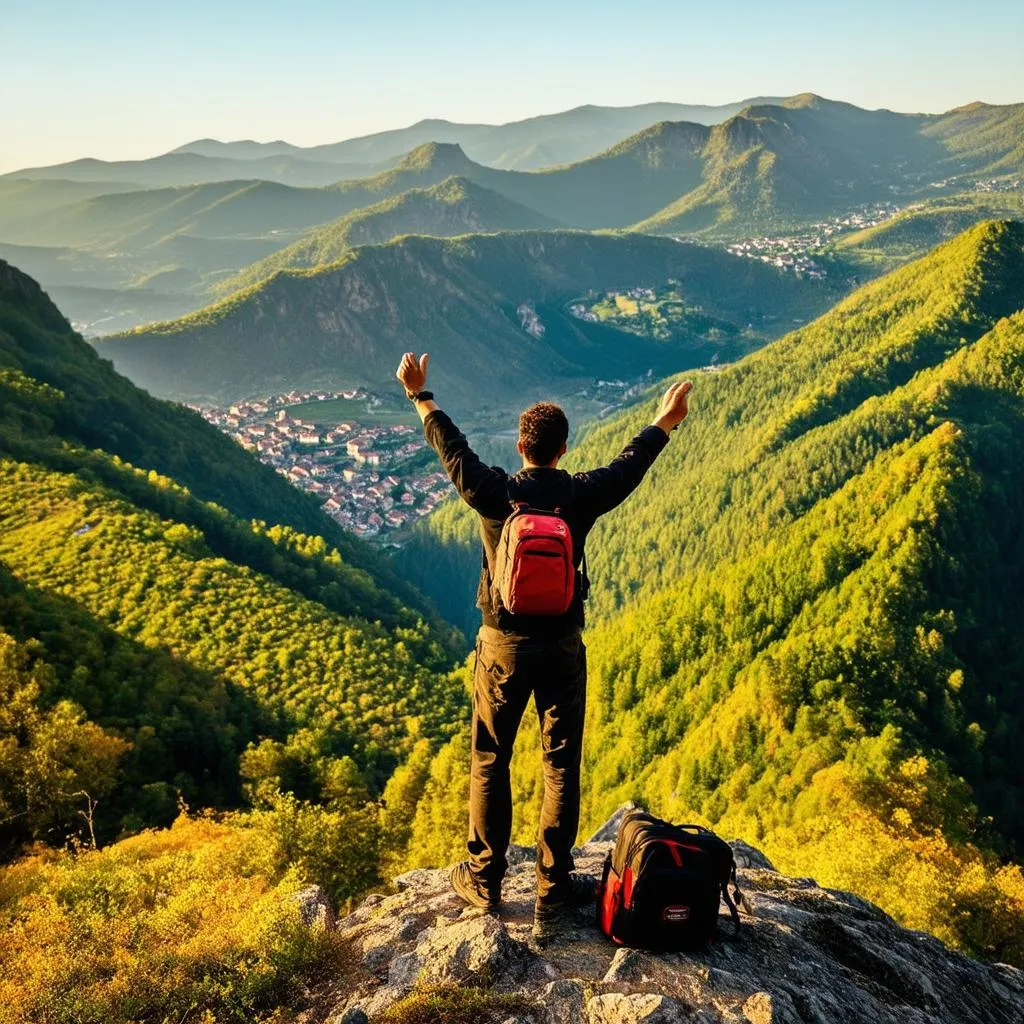 Traveler on a mountain top overlooking a valley