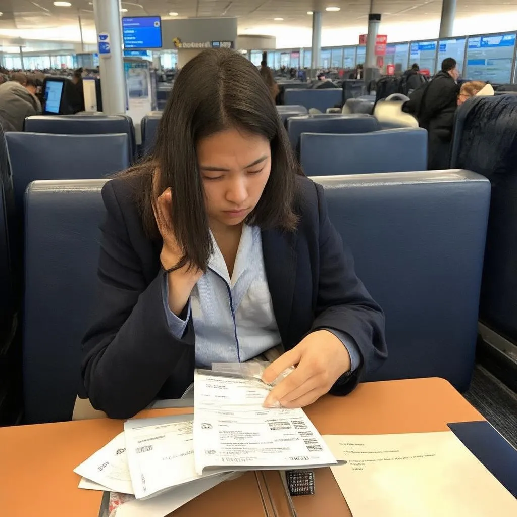 traveler reading documents at airport