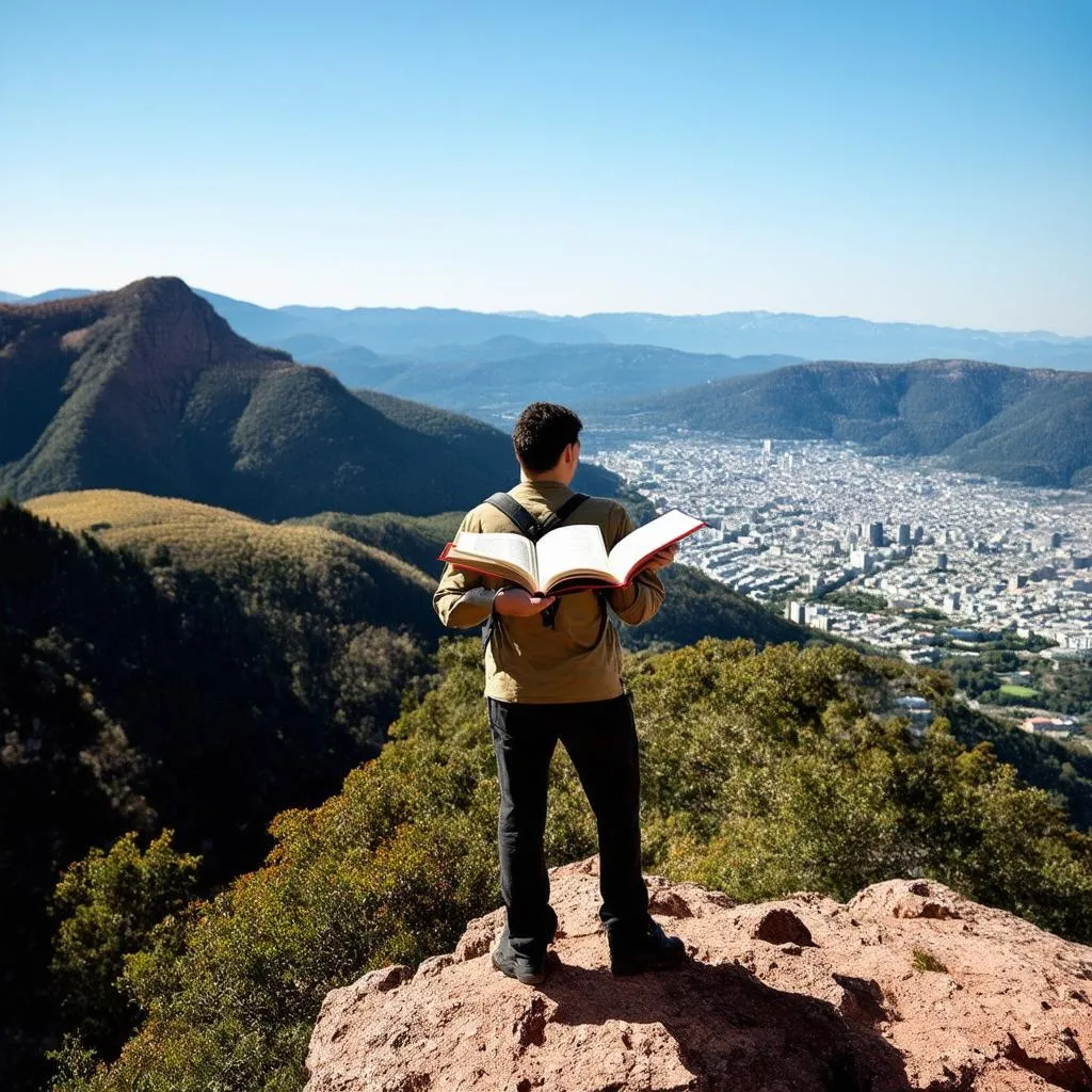 Person Reading Travel Guide on a Mountain