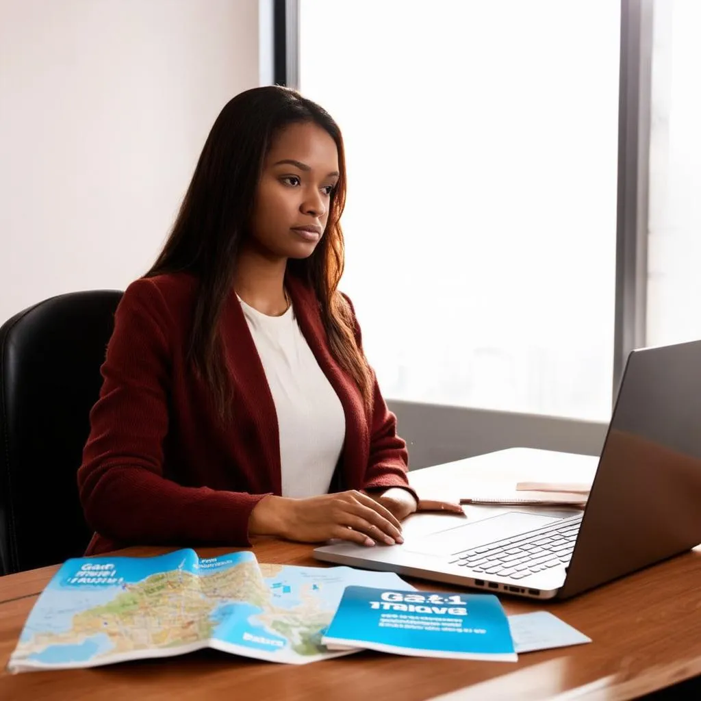 Woman sitting at a desk with laptop researching Gate 1 Travel