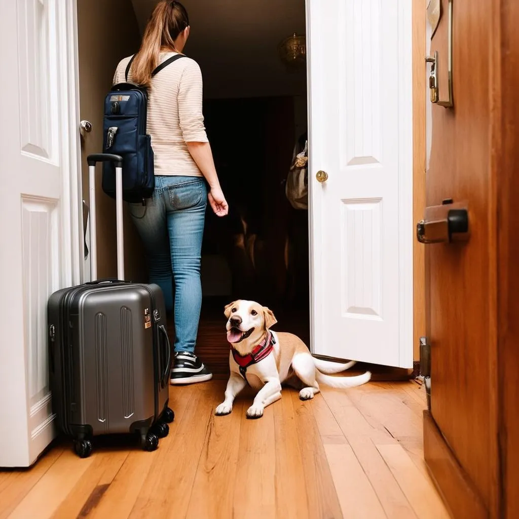 A traveler returning home, greeted by their happy dog.