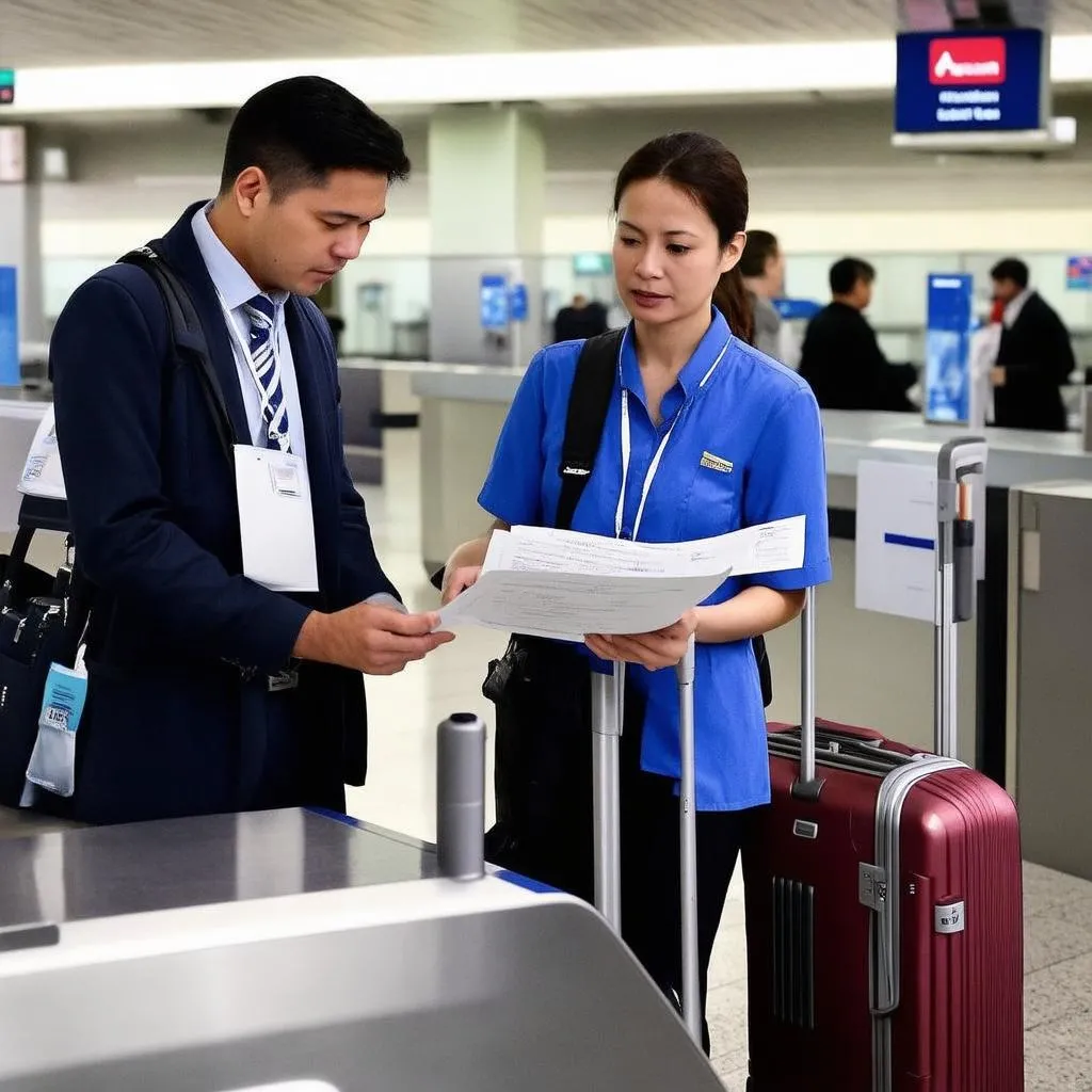 Traveler talking to airport staff