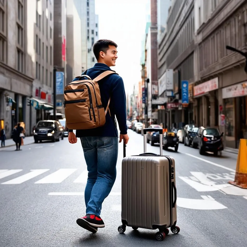 Traveler with Away Suitcase