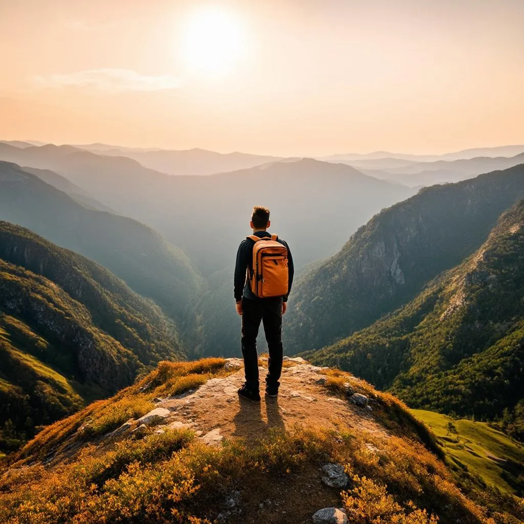 Backpacker standing on a mountain top overlooking a valley